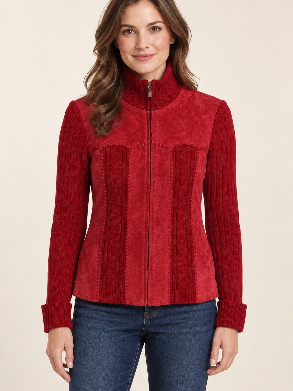 Coldwater Creek Vintage Leather Cable Knit Zip Jacket Y2K Small